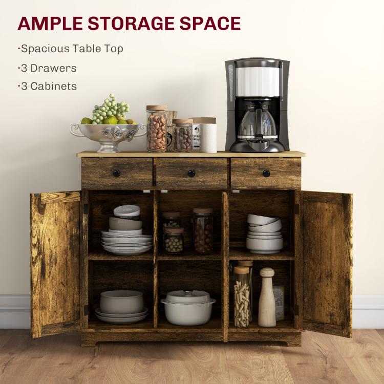 Brown wooden sideboard cabinet with shelves and drawers, doors open