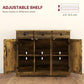 Brown wooden cabinet interior with adjustable shelves behind door panels