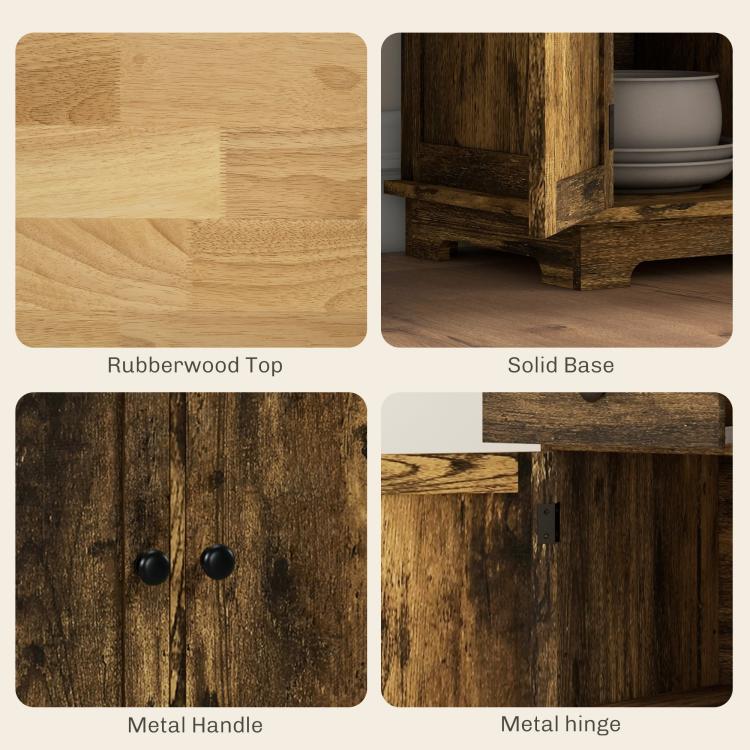 Brown cabinet details: rubberwood top, metal handles, and metal hinges