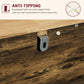 Brown wooden cabinet with anti-tip bracket on base near drawer area