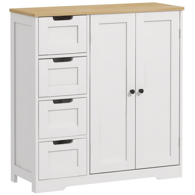 Freestanding bathroom floor cabinet in white with oak top, two doors and four drawers.