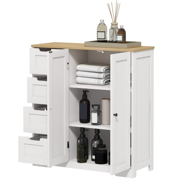 Freestanding white bathroom floor cabinet with oak top, open doors and drawers for storage.