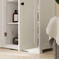 White freestanding bathroom floor cabinet with open doors showing drawers and shelves