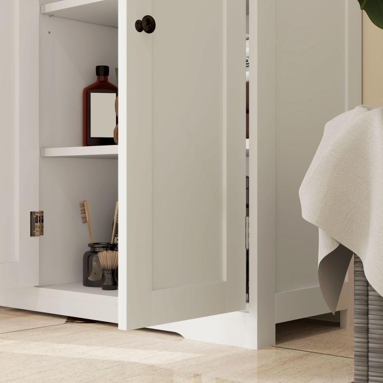 White freestanding bathroom floor cabinet with open doors showing drawers and shelves