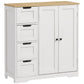 White freestanding bathroom floor cabinet with two doors and four drawers