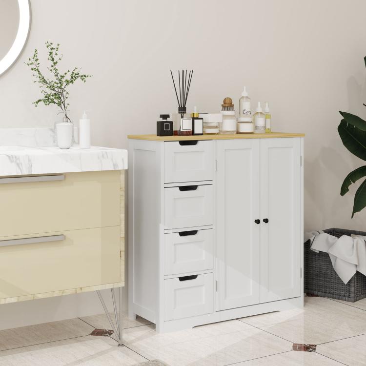 Freestanding bathroom floor cabinet with white doors and drawers, oak top and round knobs.