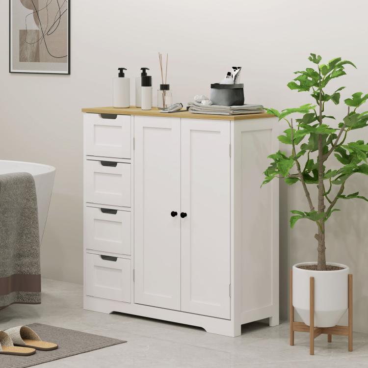 Freestanding white bathroom floor cabinet with oak top, two cabinet doors and drawer stack.