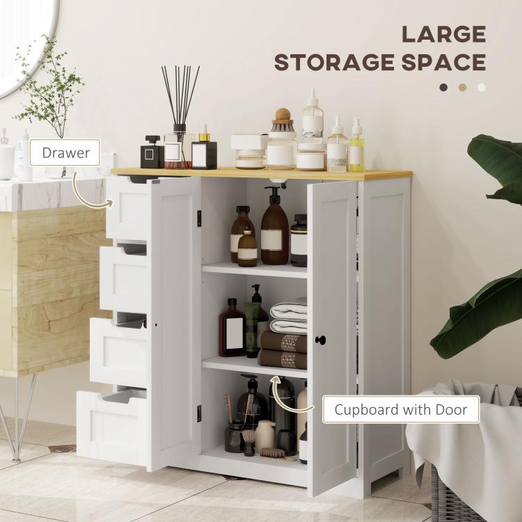 Freestanding bathroom floor cabinet in white with oak top, open storage with adjustable shelf.