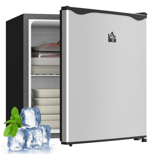Compact mini freezer with hinged door open, showing stacked interior shelves and white interior