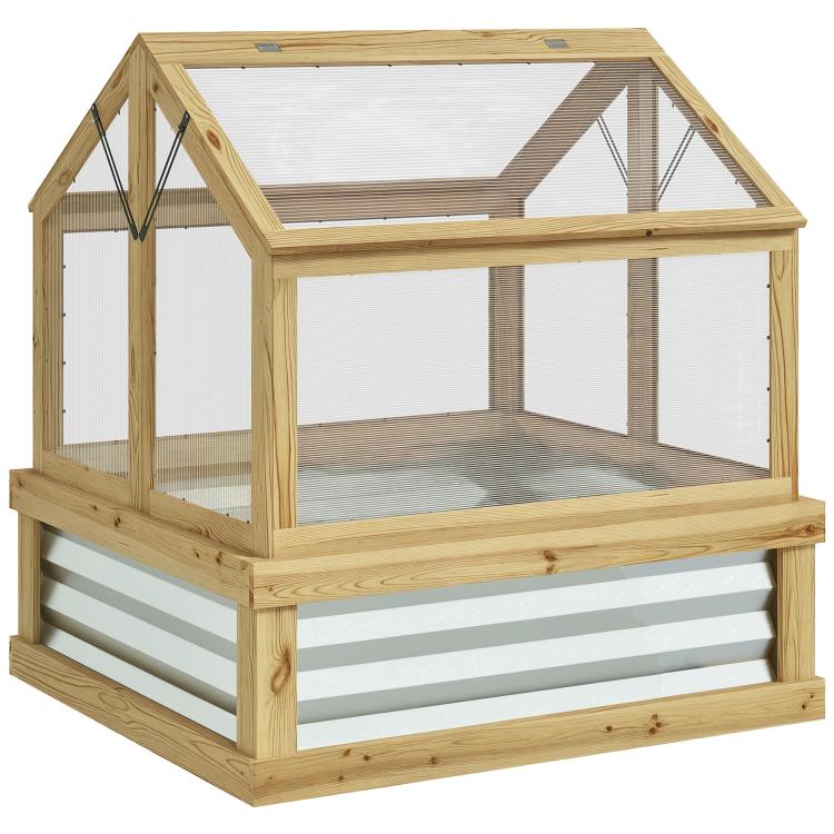 Natural wood raised garden bed with greenhouse cold frame, clear mesh panels