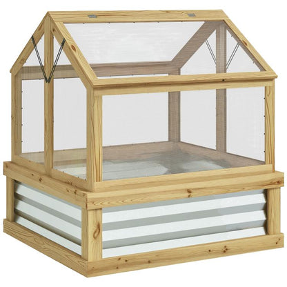 Natural wood raised garden bed with greenhouse cold frame, clear mesh panels