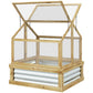 Natural wood cold frame greenhouse planter with open front and side mesh panels
