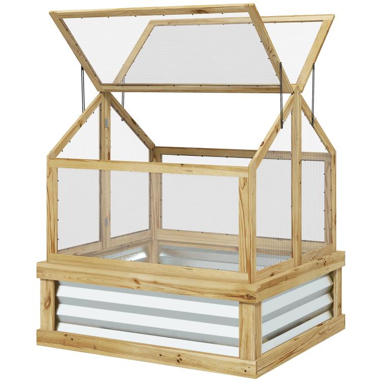 Natural wood cold frame greenhouse planter with open front and side mesh panels