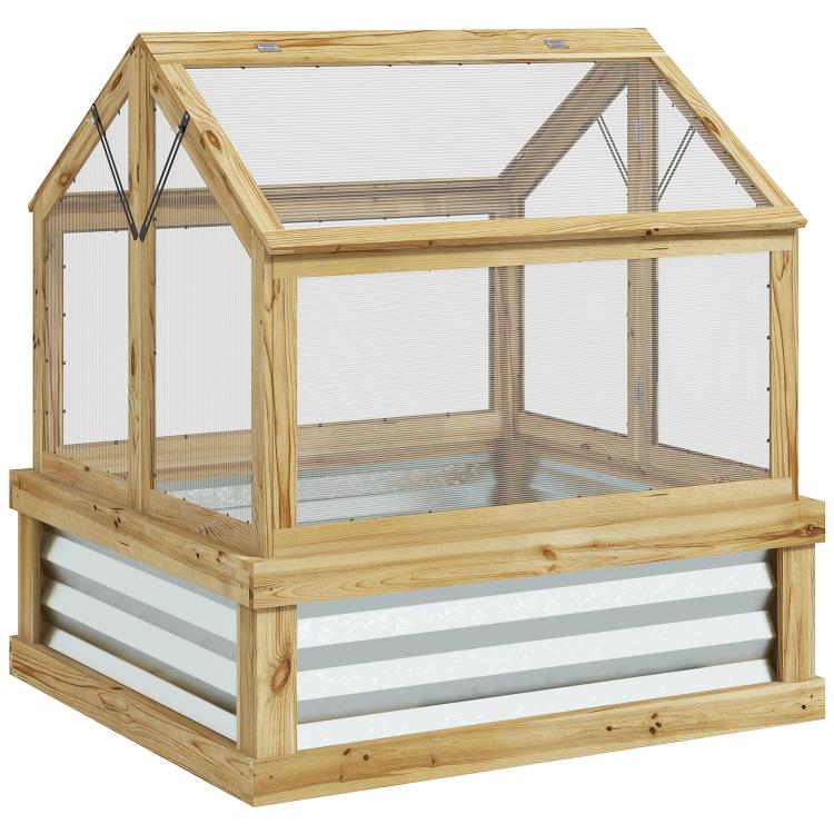 Natural pine greenhouse cold frame planter with raised bed and clear side panels