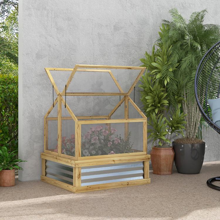 Natural wood greenhouse cold frame planter with clear mesh enclosure panels