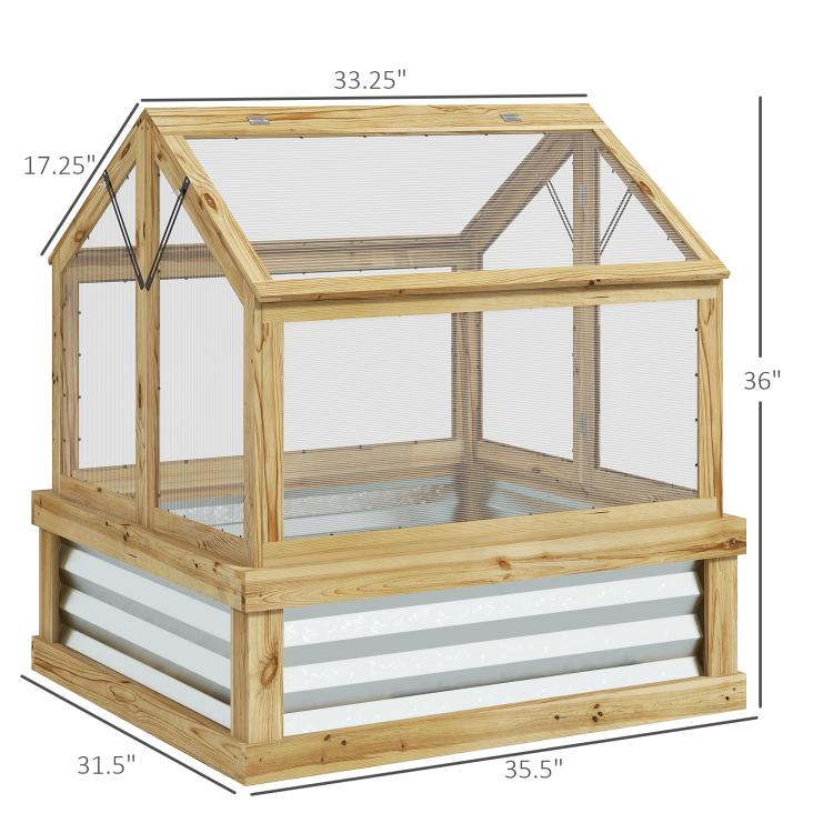 Natural wood raised garden bed greenhouse, shown with size dimensions and mesh panels