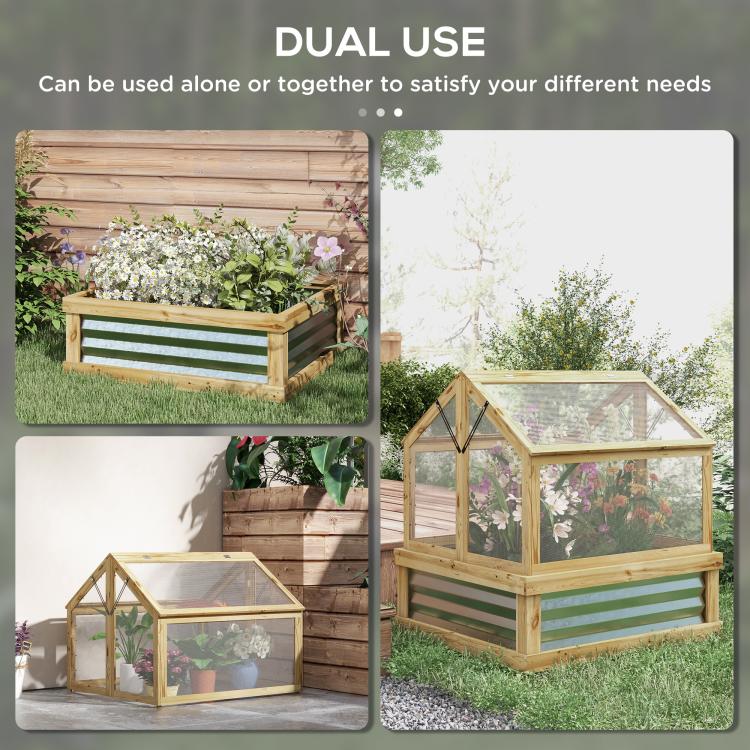 Raised wooden planter greenhouse kit with clear top and side mesh panels