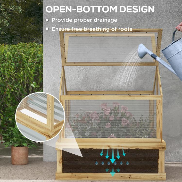 Natural wood greenhouse cold frame over raised bed with open bottom and mesh