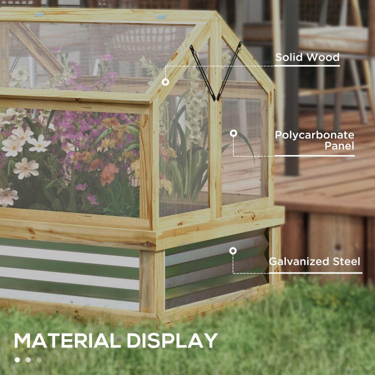 Wood and galvanized metal greenhouse cold frame with polycarbonate-style panels