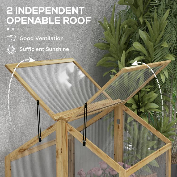 Wooden greenhouse cold frame with hinged open lid and clear mesh panels