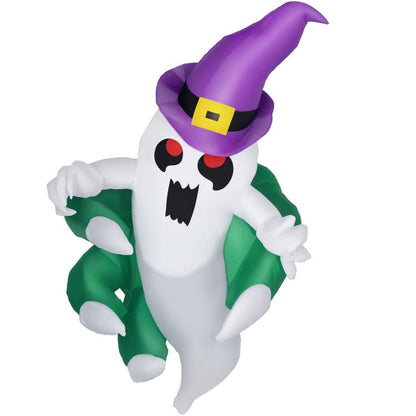 Inflatable Halloween ghost with purple witch hat and green cloak, LED window decor