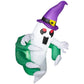 Inflatable ghost decoration in purple witch hat with green pants, LED window display