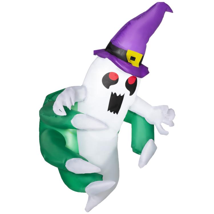 Inflatable ghost decoration in purple witch hat with green pants, LED window display