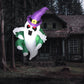 Inflatable ghost yard decoration with purple witch hat and green outfit, front view