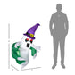 Inflatable ghost with purple hat and green outfit shown with height sizing silhouette