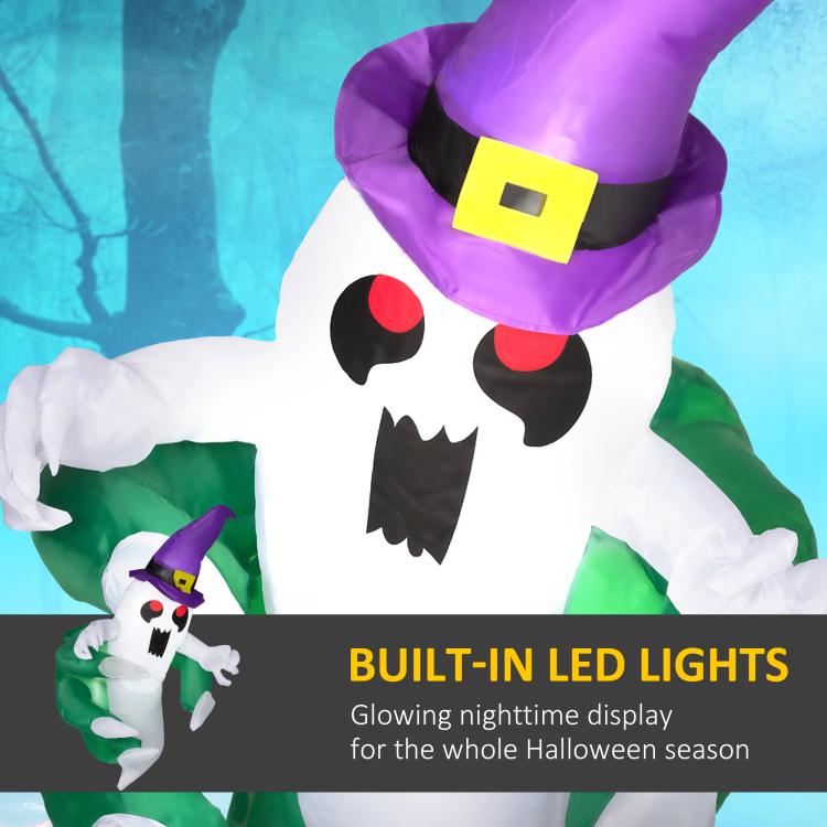Close-up of inflatable ghost face and purple witch hat with built-in LED lights