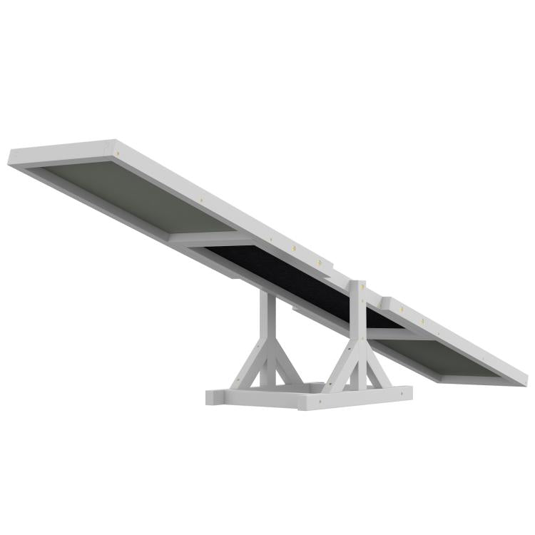 White wooden dog agility seesaw with dark ramp and tripod base.
