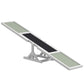White wooden dog agility seesaw with green end platforms and dark center ramp.