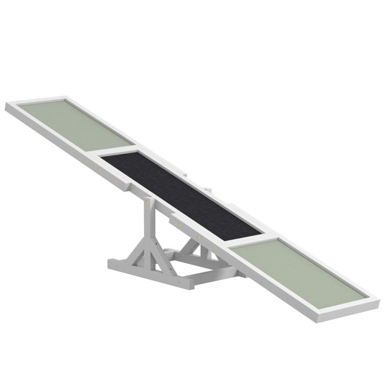 White wooden dog agility seesaw with green end platforms and dark center ramp.
