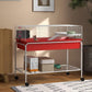 Two-story small animal cage in red with wire walls and lower storage shelf on wheels