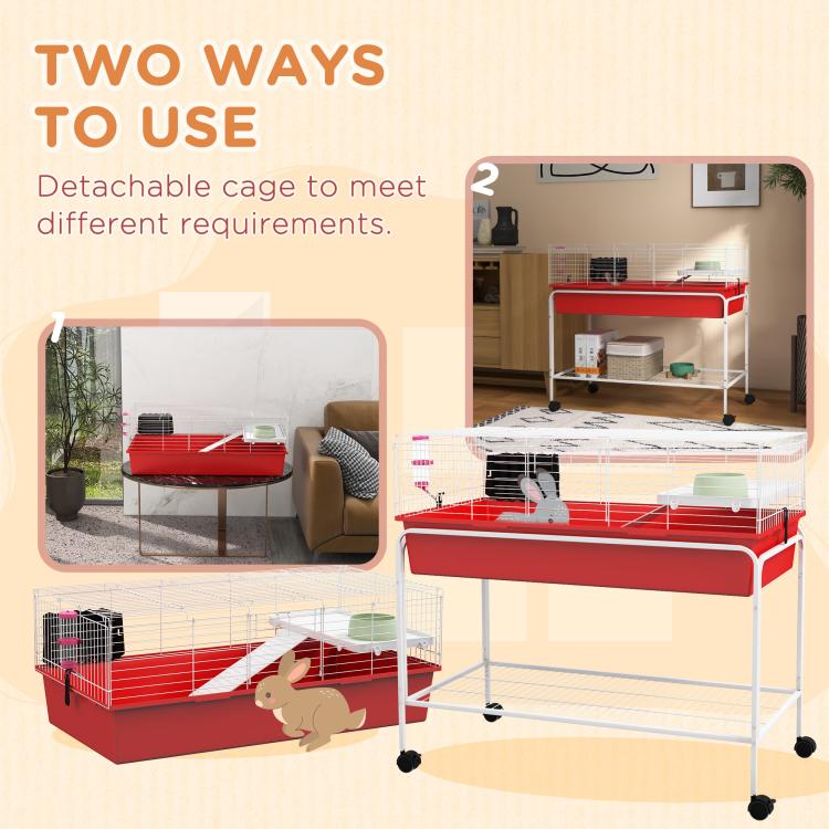 Two-story small animal cage with red tray, removable setup, and rolling stand base with shelf