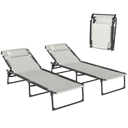 Set of two folding chaise lounge chairs with gray headrest cushions and black frame