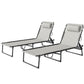 Pair of gray fabric chaise lounge chairs with bungee seat and black steel frames