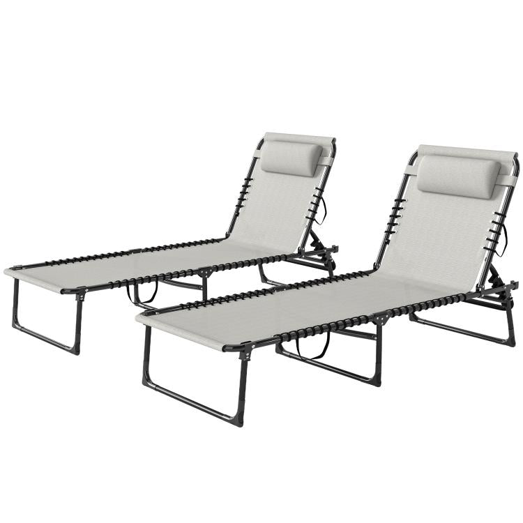 Pair of gray fabric chaise lounge chairs with bungee seat and black steel frames
