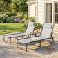Two dark-frame reclining folding chaise lounge chairs with padded headrests and bungee mesh seats