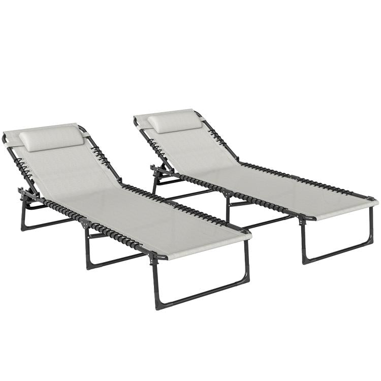 Set of two reclining chaise lounge chairs with light cushions and bungee seat mesh on black frames