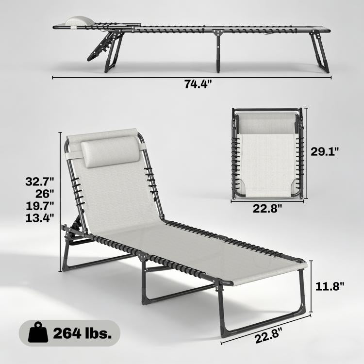 Folding chaise lounge chair with gray cushion, black bungee straps, adjustable back