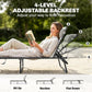Reclining folding chaise lounge chair with gray cushions and black bungee mesh seat