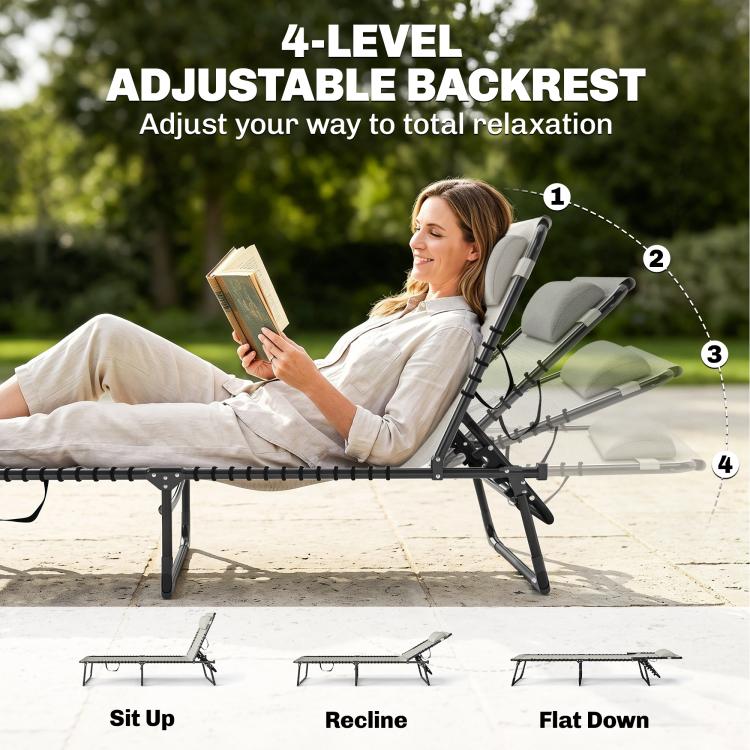 Reclining folding chaise lounge chair with gray cushions and black bungee mesh seat