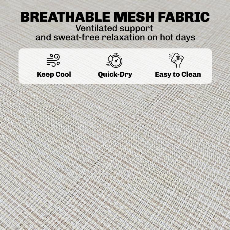 Close-up of breathable light-gray mesh fabric on a folding chaise lounge