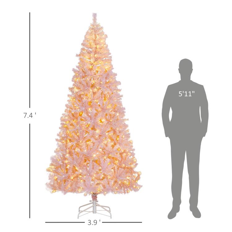 Pink artificial Christmas tree with warm white LED lights, size guide and stand base