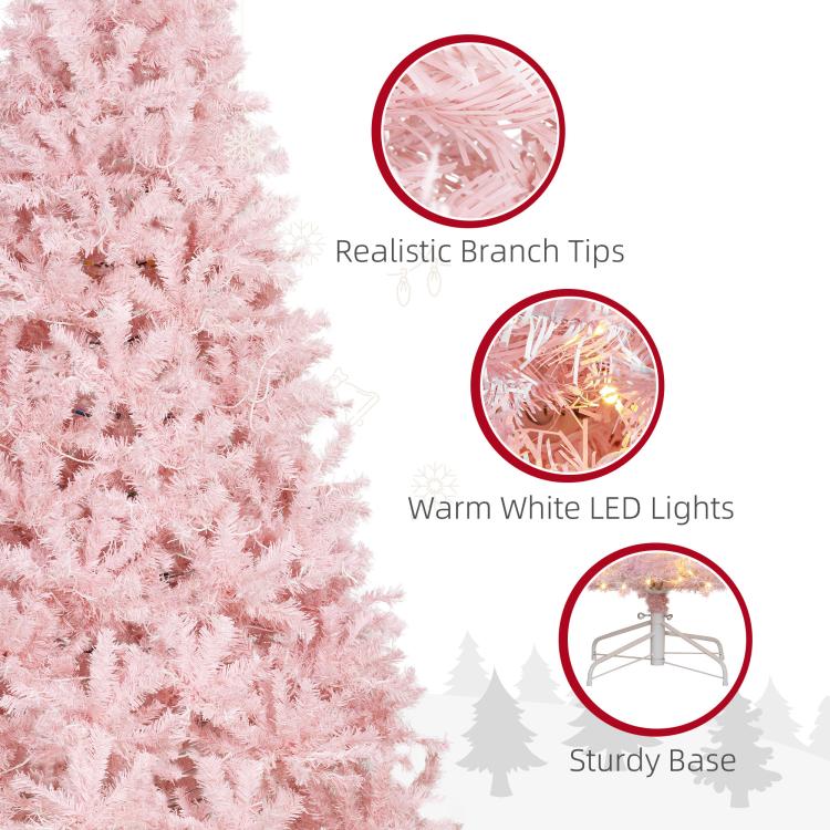 Pink artificial Christmas tree with realistic branch tips, warm white LEDs, sturdy base