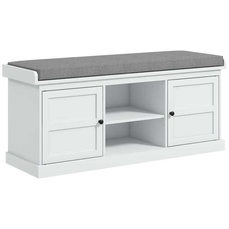 White shoe storage bench with gray cushioned seat, three compartments and central open shelf