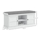 White shoe storage bench with gray cushioned lid, cabinet doors, and clearance measurements