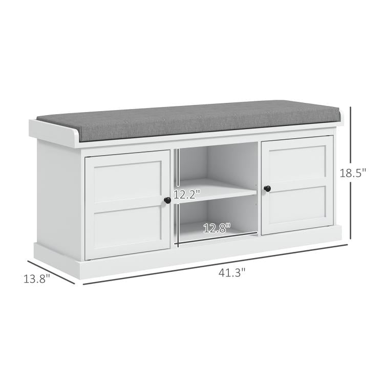White shoe storage bench with gray cushioned lid, cabinet doors, and clearance measurements