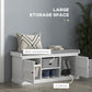 White shoe storage bench with open compartments, gray cushioned seat, and two cabinet doors